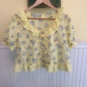 Yellow Floral Ruffle Neck Blouse By American Eagle L